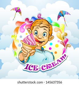 Cartoon little boy eating ice cream