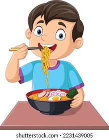 Cartoon little boy eating ramen noodle