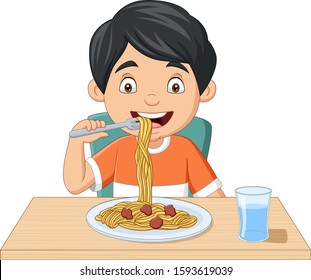 Cartoon little boy eating spaghetti