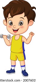 Cartoon little boy exercising with dumbbells
