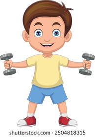 cartoon little boy exercising with dumbbells