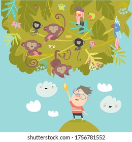 Cartoon little boy feeding monkeys with bananas
