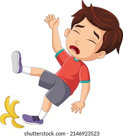 Cartoon little boy fell with banana peel