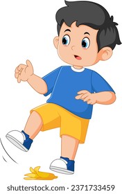 Cartoon little boy fell with banana peel of illustration