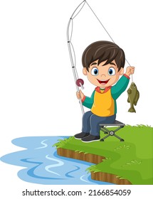 Cartoon Little Boy Fishing On Lake Stock Vector (Royalty Free ...