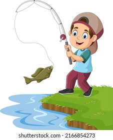 Cartoon little boy fishing on the lake