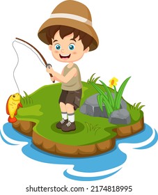 Cartoon little boy fishing in a river