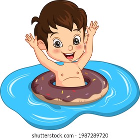 Cartoon little boy floating with inflatable ring