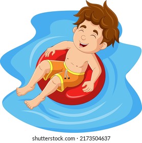 Cartoon little boy floating with inflatable ring