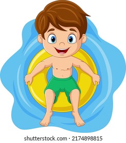 Cartoon little boy floating with inflatable ring