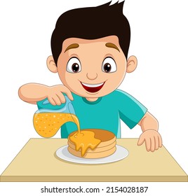 Cartoon little boy flowing maple syrup on pancakes