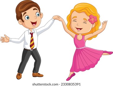 Cartoon little boy and girl dancing