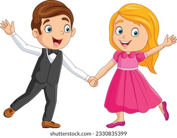 Cartoon little boy and girl dancing