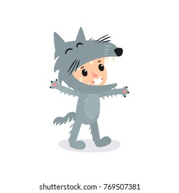 Cartoon little boy or girl in gray wolf costume. Halloween jumpsuit for children s party. Isolated flat vector design for banner, postcard or sticker