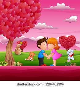 Cartoon little boy and girl kissing in beautiful pink scenes