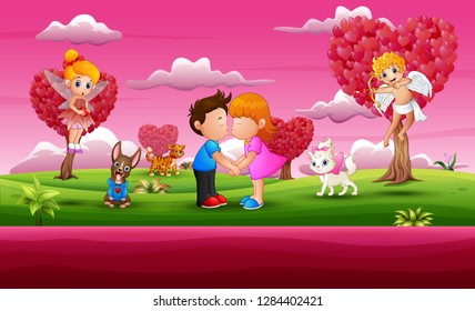 Cartoon little boy and girl kissing in beautiful pink garden