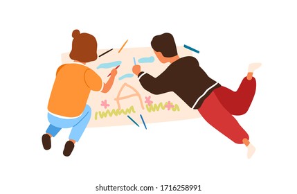 Cartoon Little Boy And Girl Painting Picture On Paper Lying On Floor Vector Flat Illustration. Creative Children Enjoying Drawing Using Multicolored Pencil Isolated On White Background