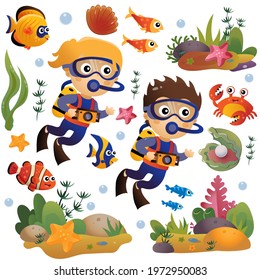 Cartoon little boy and girl scuba divers. Marine photography or shooting. Underwater world. Coral reef with fishes, pearl shells and sea star. Colorful vector set for kids.