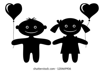 Cartoon little boy and girl with valentine hearts balloons, black silhouette isolated on white background. Vector