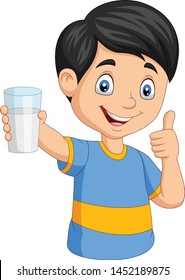 Cartoon little boy with a glass of milk giving thumb up