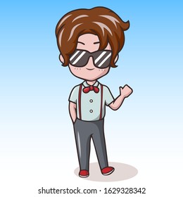 Cartoon little boy in glasses waving hand