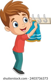 Cartoon little boy hanging clothes