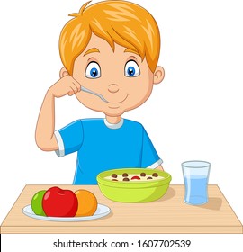 Cartoon Little Boy Having Breakfast Cereals With Fruits
