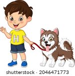 Cartoon little boy with his dog