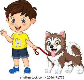 Cartoon little boy with his dog