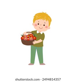 Cartoon little boy holding basket of flowers his hands