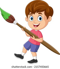 Cartoon little boy holding a big paintbrush