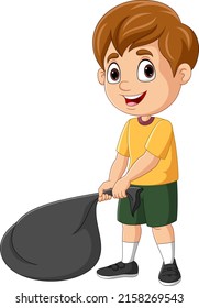 Cartoon little boy holding black plastic bag