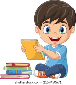 Cartoon little boy holding a book
