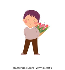 Niño de dibujos animados sosteniendo un ramo de flores de tulipanes a sus espaldas