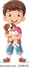 Cartoon little boy holding a dog