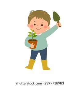 Cartoon little boy holding garden shovel and young plant in pot.