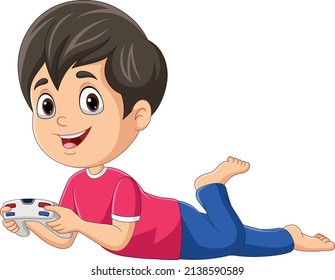 Cartoon little boy holding a joystick