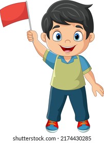 Cartoon Little Boy Holding Red Flag