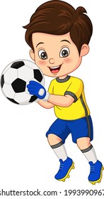 Cartoon little boy holding the soccer ball