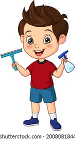 Cartoon Little Boy Holding Spray And Squeegee