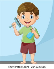 Cartoon Little Boy Holding Spray And Squeegee