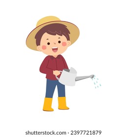 Cartoon little boy holding watering can pouring water