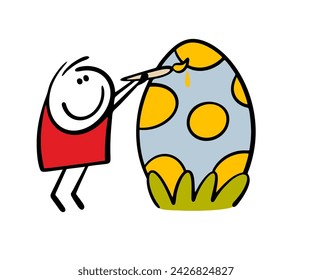 Cartoon little boy holds a brush and paints an egg in grass. Vector illustration of a traditional entertainment for the Easter holiday. Hand drawn stickman isolated image on white background.