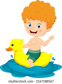 Cartoon little boy with inflatable rubber duck