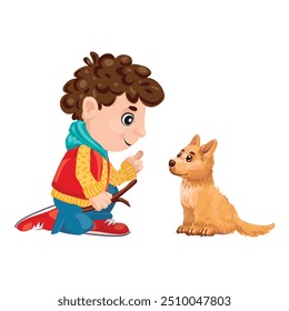 Cartoon little boy kneeling and holding a stick, training a cute puppy dog sitting and waiting for a command