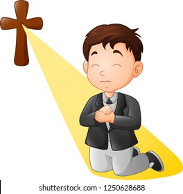 Cartoon Little Boy Kneeling While Praying