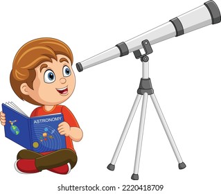 Cartoon little boy looking through a telescope