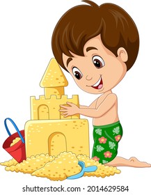 Cartoon little boy making sand castle