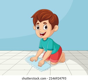 Cartoon little boy mopping the floor