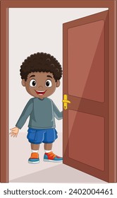 Cartoon little boy opening door